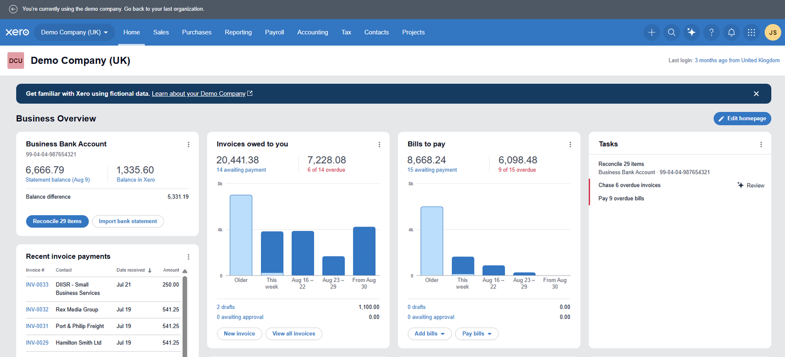 Xero dashboard showing business accounts, cash flow and financial information